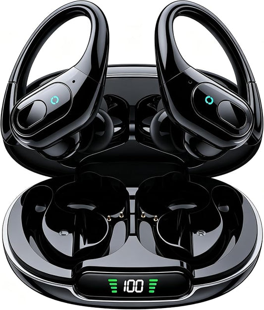 occiam Active Noise Cancelling Earbuds Wireless Bluetooth Headphones Ear Buds 90Hrs Playback Stereo Bass Earphones with Mic Over-Ear Hooks IPX7 Waterproof Headset for Work Sports Running Glossy Black