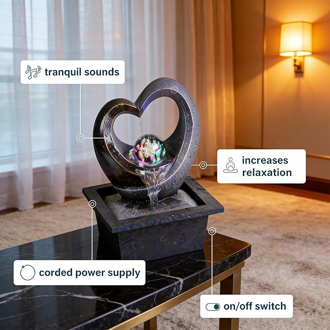 Ferrisland Tabletop Water Fountain, Zen Meditation Indoor Waterfall Fountain, Heart Shape Decoration with LED Light for Home Office Bedroom Relaxation Decor, Gift Ideas