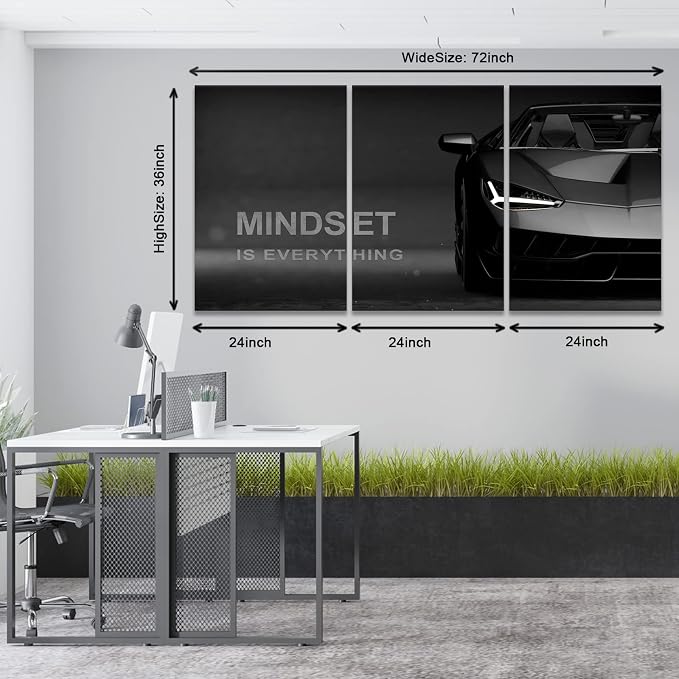 KAWAHONE Motivational Canvas Wall Art Lamborghini Posters Prints Entrepreneur -Mindset is Everything-Office Decor Set 3 Pieces Motivational Wall Art Canvas Print Inspirational Quote Ready to Hang