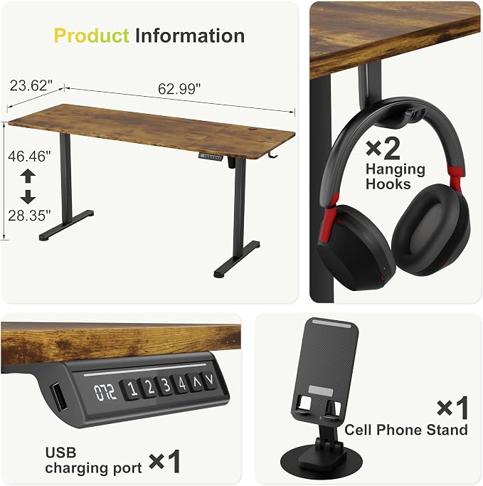Furmax Electric Standing Desk, 63 x 24 Inches Sit Stand up Desk, Sit Stand Height Adjustable Home Office Desk with 4 Height Position Memory (Rustic Brown, 63)