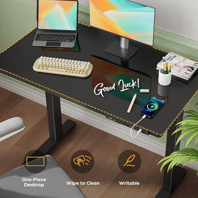 Glass Electric Standing Desk with Drawer, 35" x 20" Whole Piece Tabletop Samll Sit Stand Table, Height Adjustable Workstation with Storage & USB Ports, Quick Install Home Office Desk