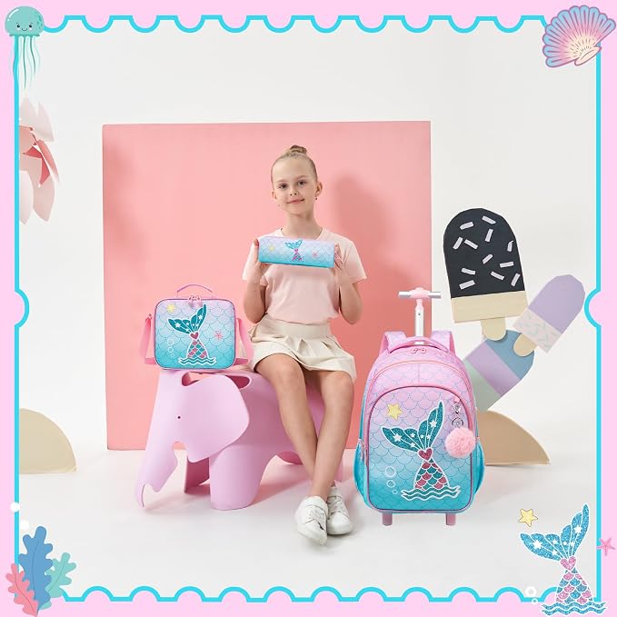 Rolling Backpack for Girls Kids Backpack with Wheels Travel Backpack for School Elementary Primary Students Kids Backpack with Lunch Box Pencil Case