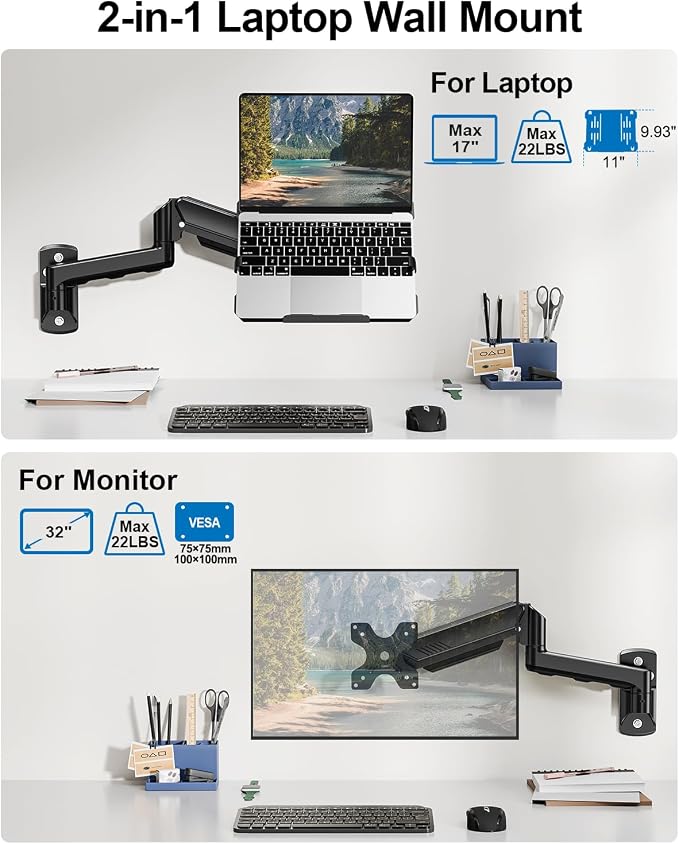 Laptop Wall Mount, 2-in-1 Monitor with Vented Tray | Fits Max 17" Notebook or 13- 32" Computer Screen, Adjustable Laptop Arm Holds 4.4-22lbs, Gas Spring Laptop Holder Stand