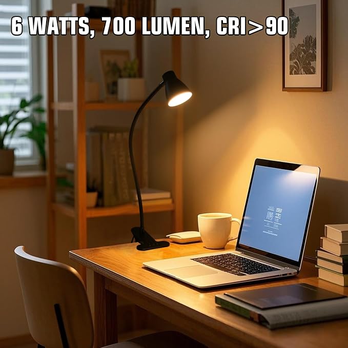 2 Pack Clip Desk Lamp, Ultra-Flexible Gooseneck Clip Reading Lights, 3000K-6500K Adjustable Color Temperature & Brightness, 6W Eye-Care LED for Office, Study, Bedside(USB Adapter Included)