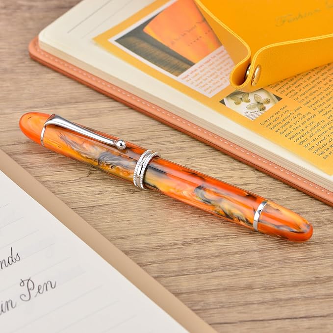 Asvine V800 Fountain Pen -Vacuum Filling System with Large Ink Capacity-Number 8 Stub Nib 1.1mm Calligraphy Art Drawing with Wrench - Amber Acrylic