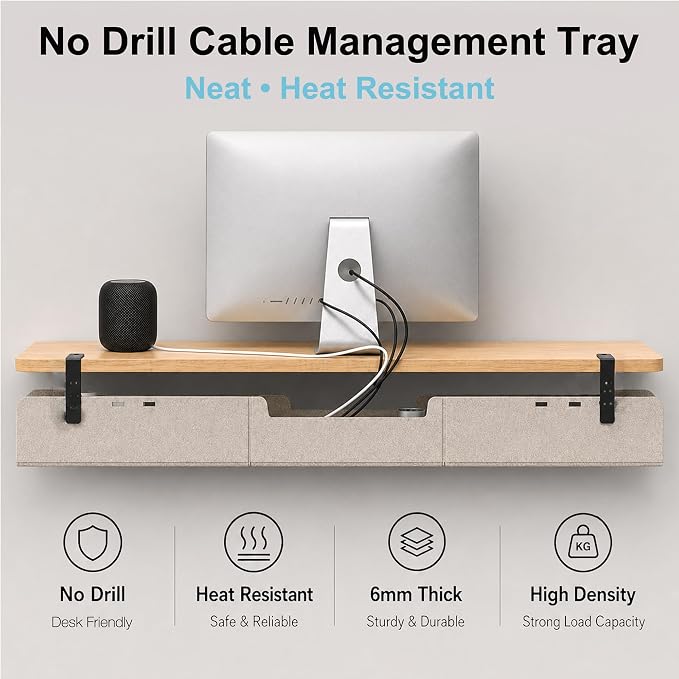 No-Drill Under Standing Desk Cable Management,31.5" L,Beige | Upgraded 0.25" Heavy-Duty Felt Cable Organizer,Desk Wire Management Tray with Clamp or Screw Mount, for Home Or Office