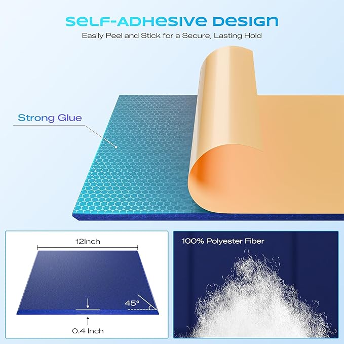 12 Pack Self-Adhesive Acoustic Panels, 12" X 12" X 0.4" High-Density Sound Proof Foam Panels for Walls, Soundproof Wall Panels for Home & Office (Blue)