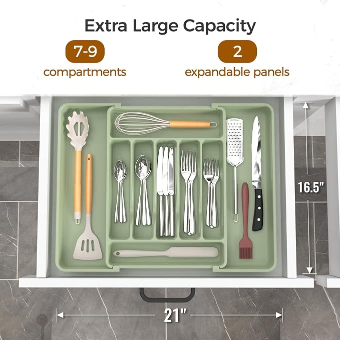 ukeetap Extra Large Expandable Silverware Organizer, BPA-Free Food-Safe Cutlery Flatware Organizer, Kitchen Utensil Drawer Organizer, Adjustable Silverware Holder for Spoons Forks Knives, Green