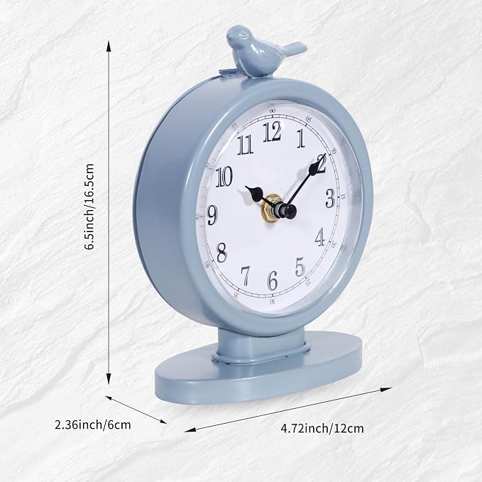 Classic Vintage Analog Mantel Desk Clock, Bright Blue | With Light, Silent Sweep Movement, Decorative Metal, For Living Room Shelf Bedside Home Decor