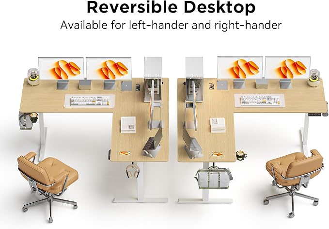 WALKINGDESK 55X45 Inches Reversible L Shaped Standing Desk Height Adjustable with Cup Holder, Electric Corner Computer Desk, Sit Stand up Home Office Desk, Ergonomic Gaming Desk, Oak