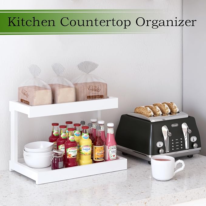 MARTY Counter Shelf Organizer, 2 Tier Spice Rack for Countertop, White | Coffee Bar/Station/Syrup Organizer for Countertop, 15.75''Lx8.9"W Large Desk Shelf Riser, for Kitchen Bathroom Bedroom Office