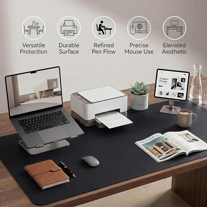 Large Desk Pad Non-Slip Desk Mat Protector for Keyboard Mouse Waterproof Vegan Leather Surface Faux Leather Laptop Mat Smooth Mouse Pad Premium Gift Tube Obsidian Black 55" x 23"