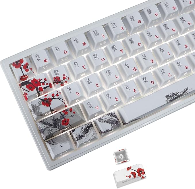 JSJT Japanese Keycaps Side-Printed Keycap Set PBT Doubleshot Shine Through Custom Keycap Cherry Profile Plum Blossom Key Caps 135 Keys for Cherry MX Switch Mechanical Keycboard