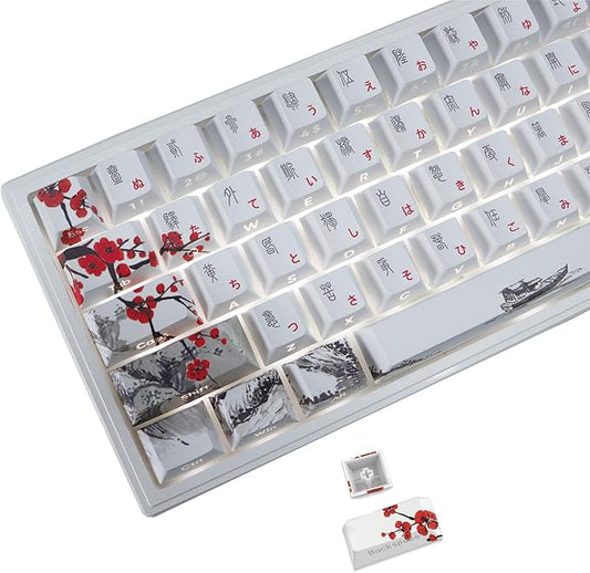 JSJT Japanese Keycaps Side-Printed Keycap Set PBT Doubleshot Shine Through Custom Keycap Cherry Profile Plum Blossom Key Caps 135 Keys for Cherry MX Switch Mechanical Keycboard