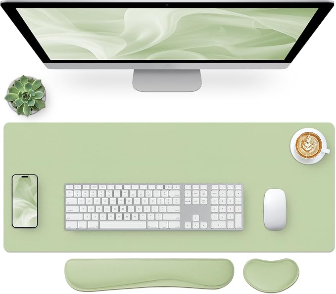 Bloss Leather Desk Pad and Keyboard Wrist Rest, Large Mouse Pad + Keyboard and Mouse Wrist Support, Non-Slip Desk Mat Protector for Office, Home(27.6" x 13.8", Green)