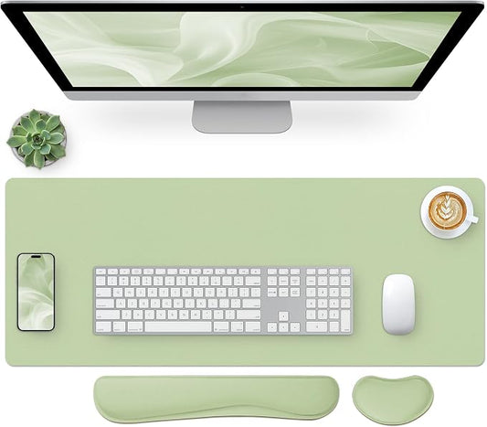 Bloss Leather Desk Pad and Keyboard Wrist Rest, Large Mouse Pad + Keyboard and Mouse Wrist Support, Non-Slip Desk Mat Protector for Office, Home(27.6" x 13.8", Green)