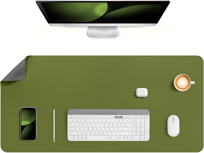 Dual Sided Desk Pad Faux Leather Desk Mat Large Mouse Pad | Desk Pad Protector Non-Slip Waterproof Desk Mouse Pad for Writing Desk, Office, Home(Green Gray 35.4"X17")