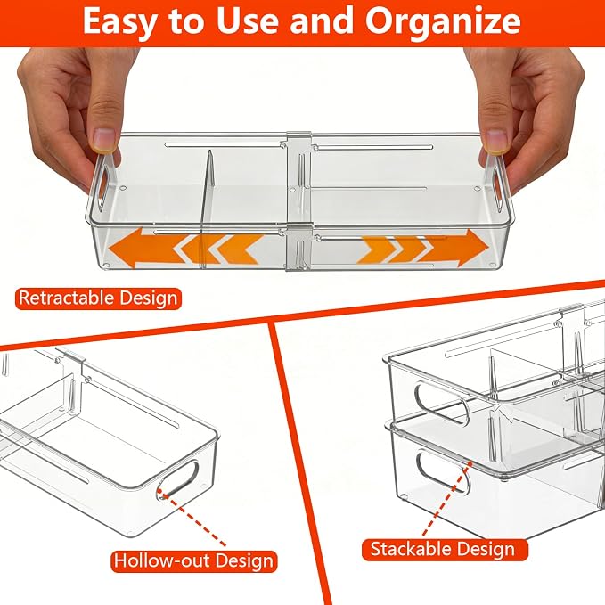 REBECAT 4 Pcs Expandable Clear Drawer Organizers, Adjustable Drawer Organizer Bins with Dividers, makeup organizer for drawer, drawer organizer bathroom for Vanity, Junk Drawer & Office