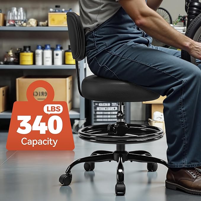 BestGlory Shop Stool with Wheels for Garage, Mechanics Rolling Chair with Backrest, Adjustable Height Heavy Duty Garage Stool with Footrest and Storage Tray, Swivel Task Chair for Workshop Salon