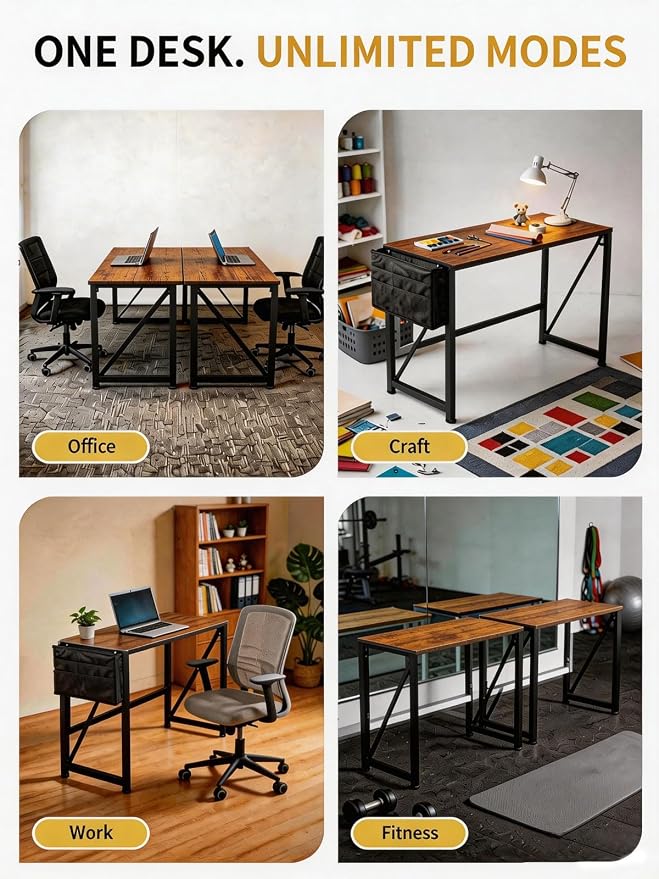 Elephance Modern Foldable Writing Computer Desk for Home Office, No-Assembly Study Office Desk Table for Small Spaces, Rustic Brown, 31.5 Inch