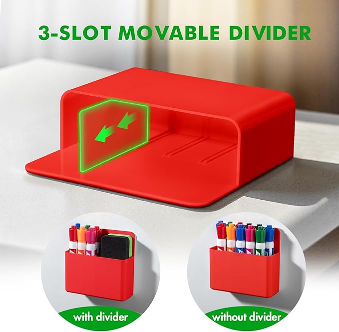 2 Pcs Magnetic Dry Erase Marker Holder for Whiteboard, Plastic Magnetic Pen Holder for Refrigerator Fridge, Magnet Pencil Cup for School Classroom, Locker Accessories, Pen Cup Organizer-Red