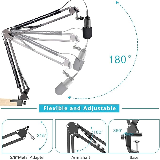 AT2020 Mic Boom Arm Stand with Pop Filter, Compatible with Audio-Technica AT2020, Audio-Technica AT2020V USB Microphone with Cable Sleeve by SUNMON