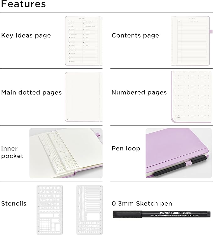 &And Per Se A5 Hardcover Dotted Notebook Kit for Beginners – 176 Numbered Pages, 100gsm Thick Paper, Includes Stencils & Fineliner Pen | Leather Bullet Journal with Templates, Lay Flat Design, Premium Gift for Women Men (Lavender)
