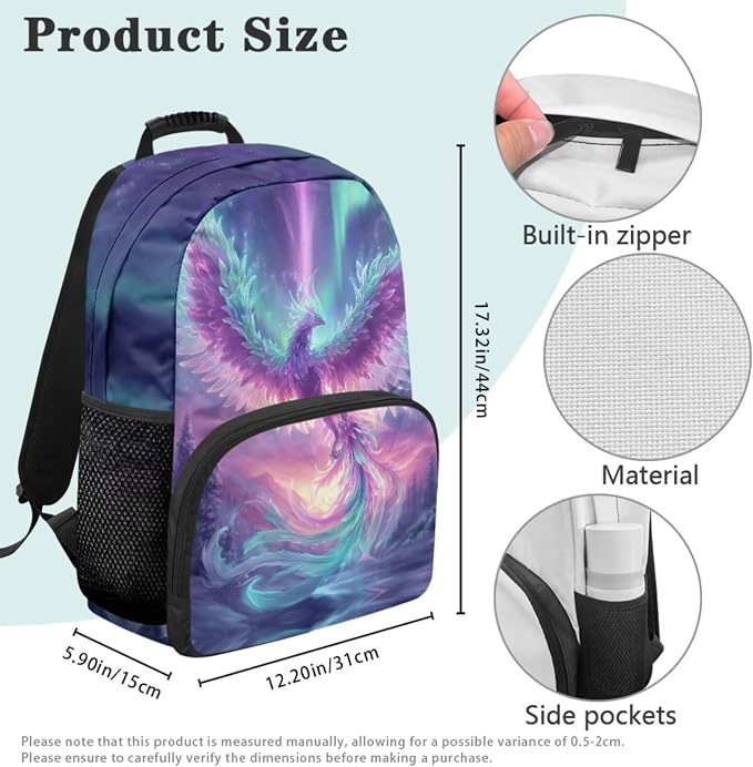 Phoenix Backpack with Lunch Box for Girls Ages 8-10: 17 inch Lightweight Bookbag with Padded Shoulder Strap for Elementary Kids Back to School, Polar Lights Graphic