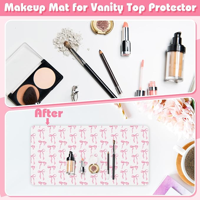Teenyyou Coquette Bow Makeup Mat for Vanity Top Protector Back to School Gift 31.5" X15.7" Dual Side Leather Desk Mouse Pad Girly Waterproof Nonstick Dressing Vanity Cover for Women Home Office