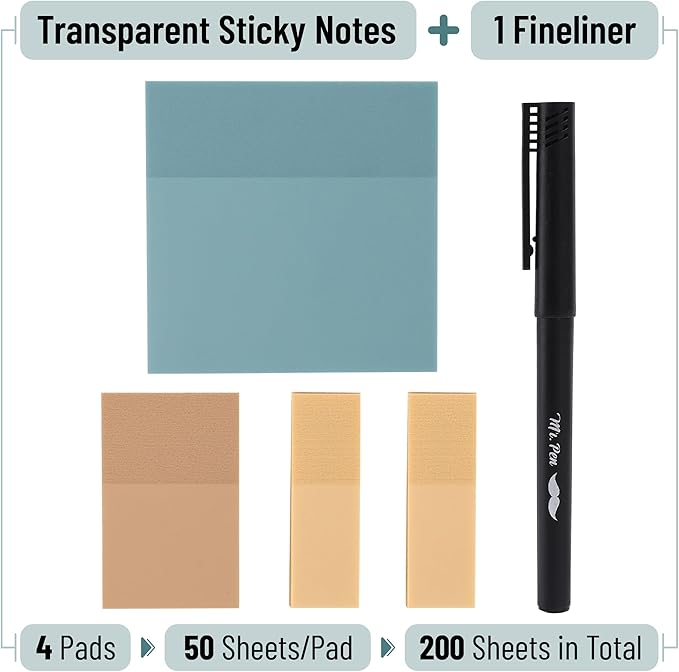 Mr. Pen- Transparent Sticky Notes with Pen, 200 Sheets, Sunset Breeze, Bible Sticky Notes for Books, Stocky Notes for Bible Journaling