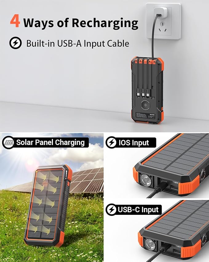 BLAVOR Solar Power Bank 20000mAh Built in 4 Cables, 20W Fast Charging Portable Charger with Wireless Charger for Apple Watch, Super Bright Flashlight, Compatible with all Phones and Electronic Devices