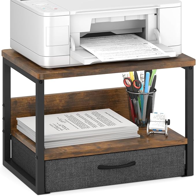 MARTY Desktop Printer Stand with Storage Drawer, Printer Riser for Desk | 2 Tier Printer Shelf, Small Printer Table for Home Office, for Fax Machine Copier Scanner, Desk Organizer, 17.1"x12.4", Brown