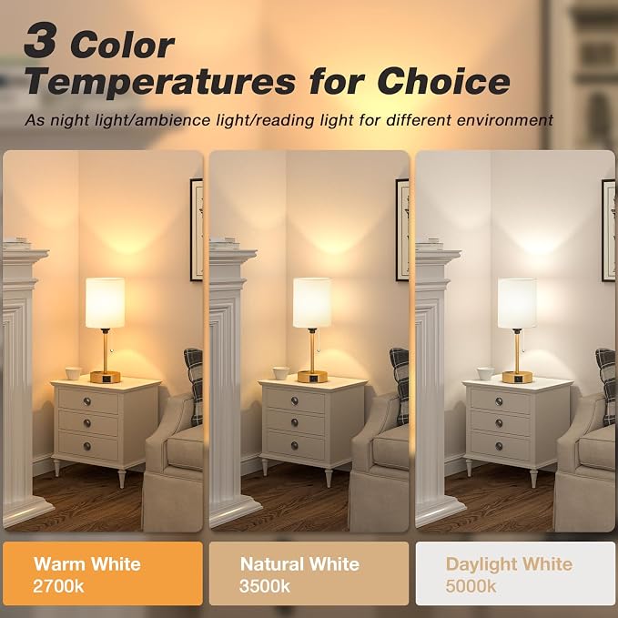 Dicoool Small Bedside Lamps 3 Color Modes - 3000K 4000K 5000K Bedroom Lamps with USB C and A Ports, Pull Chain Gold Table Lamps with AC Outlet, Nightstand Lamps with Gold Metal Base for Kids Reading
