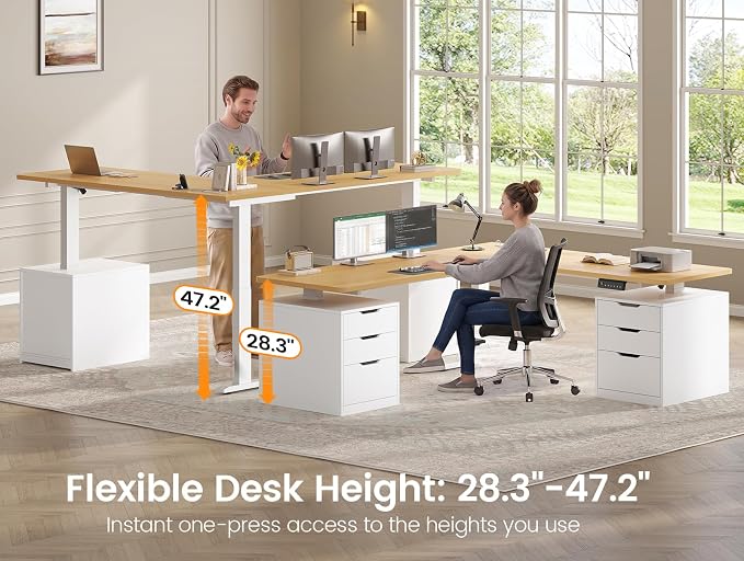 SEDETA L Shaped Electric Standing Desk with 6 Drawers, 66.9" x 57.1" Height Adjustable Stand Up Desk with Power Outlets, 3 Memory Heights, Sit Stand Computer Desk for Home Office, White + Oak