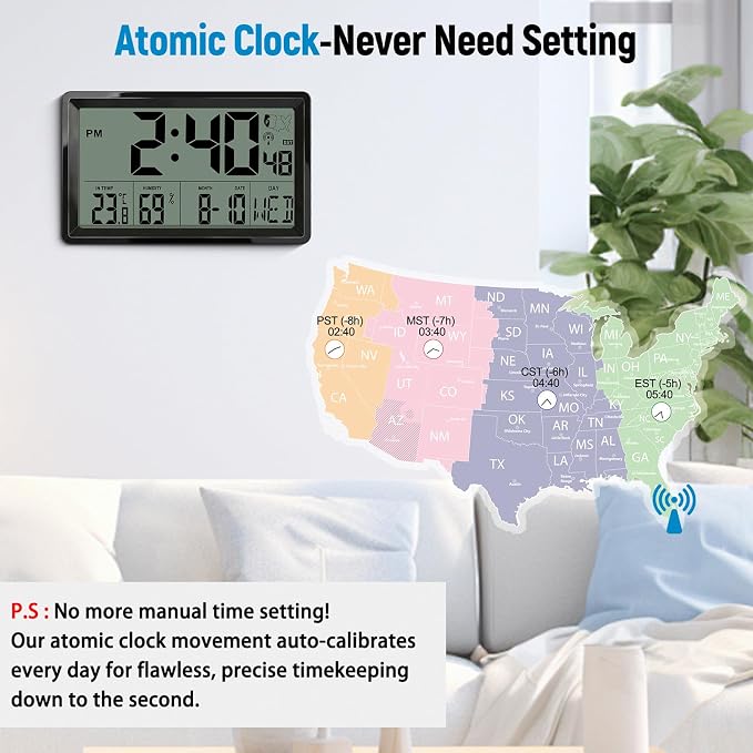 QPEUIM Atomic Clock with Indoor Temp & Humidity,Atomic Wall Clock 8.78 Inch Self-Setting, Digital Clock Large Display with Auto DST & 4 Time Zones for Home Office Bedroom