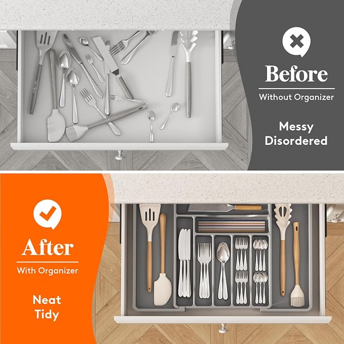 Lifewit Utensil Organizer for Kitchen Drawer, Expandable Cooking Silverware Tray, Adjustable Cutlery Flatware Holder, Plastic Spatula Tools Storage Divider, 13-22.4 x 15", Gray
