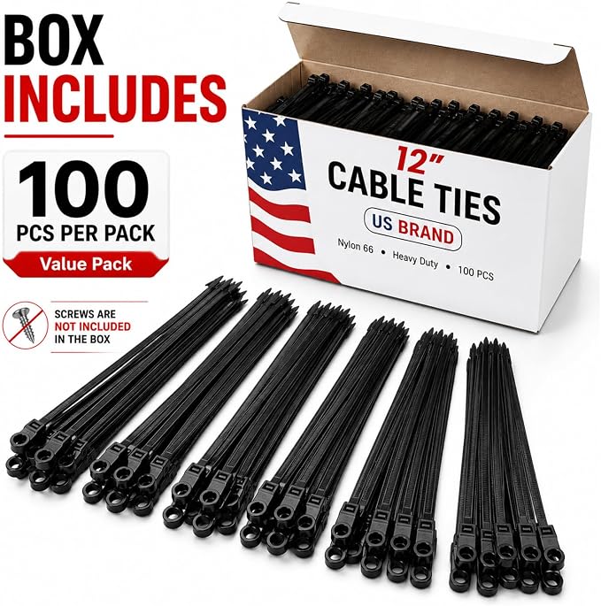 100 Pcs Nylon Universal Cable Ties Buckles 12" Long — Heavy-Duty Zip Tie Buckle Clips with Pin & Button Design, Self-Locking, UV Resistant, Easy Install for Car Bumper, Fender & Auto Body Repair