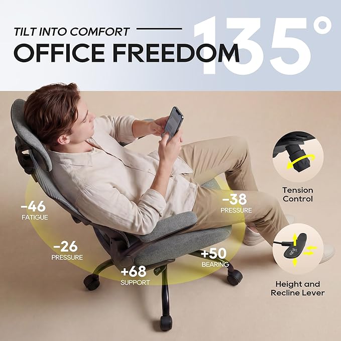 Ergonomic Office Chair, High Back Mesh Desk Chair with Adjustable Lumbar Support & Headrest, Flip-up Armrest, Computer Task Chairs for Home and Executive Office (B-Grey)