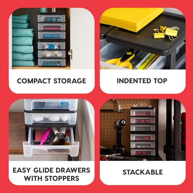 IRIS USA 4-Pack, 3-Drawer Small Plastic Stacking Desktop Organizer, Black | Organize office supplies, stationery, makeup, craft materials and everyday essentials for neat desktop storage