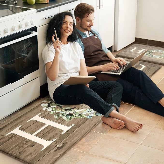 KIMODE Kitchen Mats Cushioned Anti Fatigue, Farmhouse Kitchen Rugs, Kitchen mats for Floor 2 piece, Comfort Padded Kitchen Floor Mats for Sink, Laundry, Office, Desk Khaki 17"x59"+17"x29"