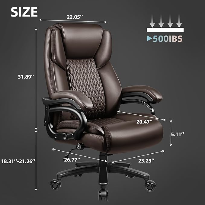 VITESSE 500lbs Heavy Duty Office Chair for Low Back Pain Relief, Big and Tall Office Chair with Ergonomic Lumbar Support, High Back Executive Chair with Quiet Rubber Wheel