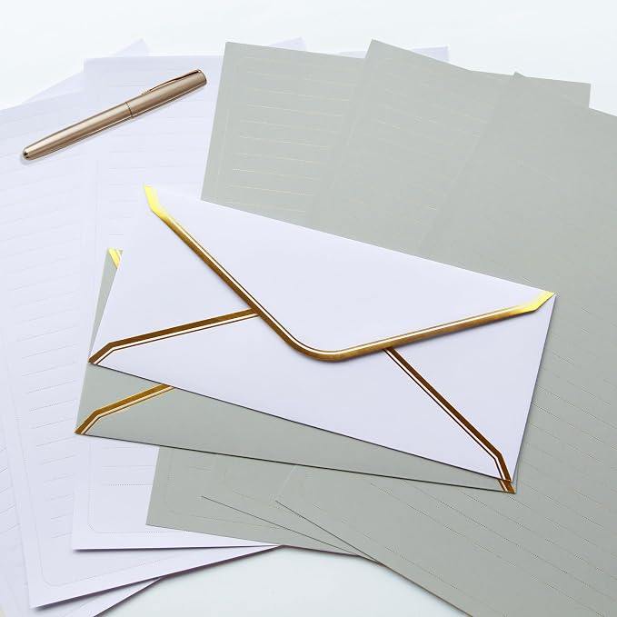 J6&H6 Gold Thread Stationary Paper and Envelopes Set Including 12 Standard Sized Phnom Penh Envelopes and 24 Sheets of Lined Paper Suitable for Daily Emotional Expression Formal Communication(grey)