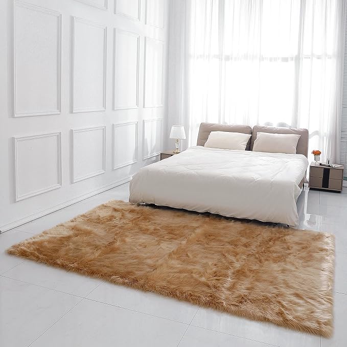 linmopm Faux Fur Rug Sheepskin Shag Fluffy Fuzzy Beige 5x7 ft Rugs for Bedroom Bedside Bed Floor Living Room Plush Rectangle High-Density Cushion Carpet Super Sofa Cover