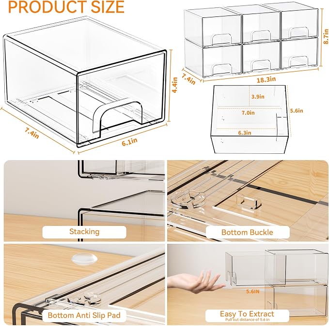 6 Pack Small Stackable Storage Drawers,4.4 Inch Tall Stacking Acrylic Clear Storage Bins for Bathroom Vanity,Undersink,Pull Out Drawer Organizers for Beauty,Makeup,Medicine Cabinet Organizers