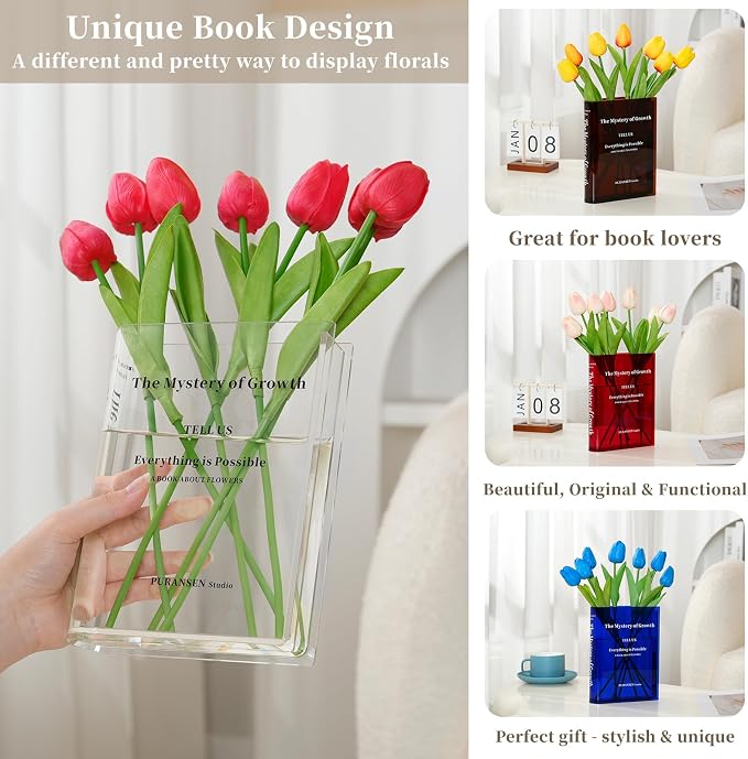 Puransen Clear Bookend Vase for Flowers - Aesthetic Room Decor for Modern Home/Office, Minimalist Shelf Organizer with Floral Display, for Book Lovers & Interior Design Enthusiasts