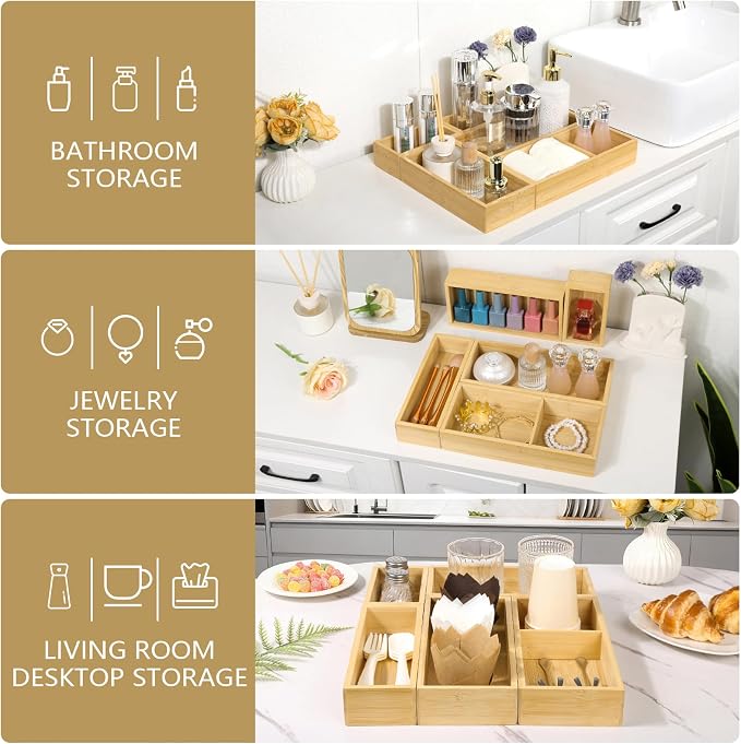5 Pack Bamboo Drawer Organizer Set, Multi-Use Junk Drawer Organizer for Bathroom, Kitchen, Office, Jewelry, Makeup