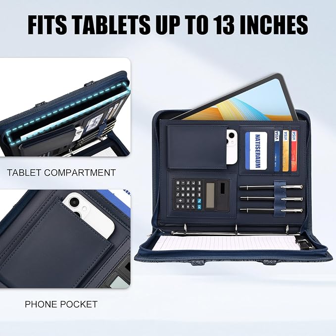 Portfolio Binder 3 Ring Includes Pen and 5 Dividers with 10 Pockets, Padfolio Organizer with Magnetic Handle for Men and Women, Includes A4 Notepad for Business, School, Work
