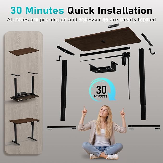 35" Electric Standing Desk, Small Sit Stand up Desk, Dark Walnut | Height Adjustable Computer Desk for Home Office, Compact Work & Gaming Desk with Cable Management and Stable Steel Frame