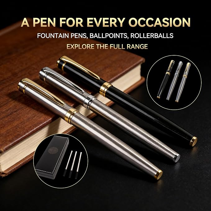 LUHSIN Premium Metal Rollerball Pen with Gold Trim - 0.5mm Smooth Writing Business Signature Pen with Refill, Luxury Executive Writing Instruments in Elegant Gift Box for Men & Women