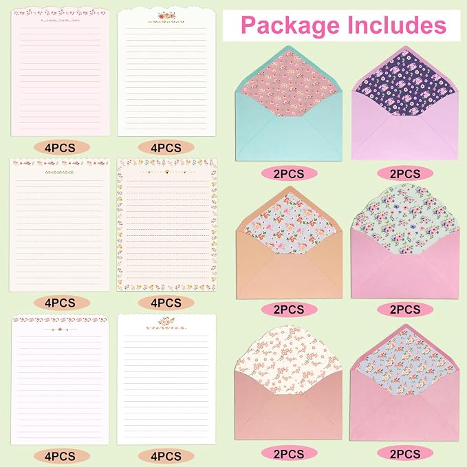 KSIWRE Stationary Paper and Envelopes Set, 24 PCS Writing Stationery Paper with 12 PCS Envelopes, Warm Floral Themed Envelope and Stationery Design for Invitations Gift Decorations Holiday Party